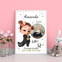 Personalizuota Mergaitės Gimimo Metrikų Iliustracija, plakatas su rėmeliu  Customizer -  dovanokis.lt