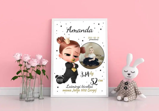Personalizuota Mergaitės Gimimo Metrikų Iliustracija, plakatas su rėmeliu  Customizer -  dovanokis.lt