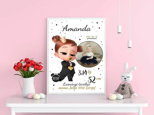 Personalizuota Mergaitės Gimimo Metrikų Iliustracija, plakatas su rėmeliu  Customizer -  dovanokis.lt