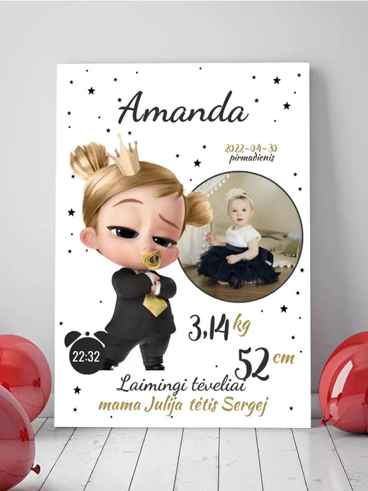 Personalizuota Mergaitės Gimimo Metrikų Iliustracija ant drobės  Drobe -  dovanokis.lt
