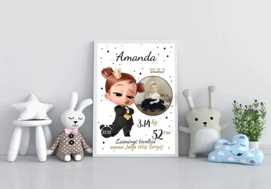 Personalizuota Mergaitės Gimimo Metrikų Iliustracija, plakatas su rėmeliu  Customizer -  dovanokis.lt