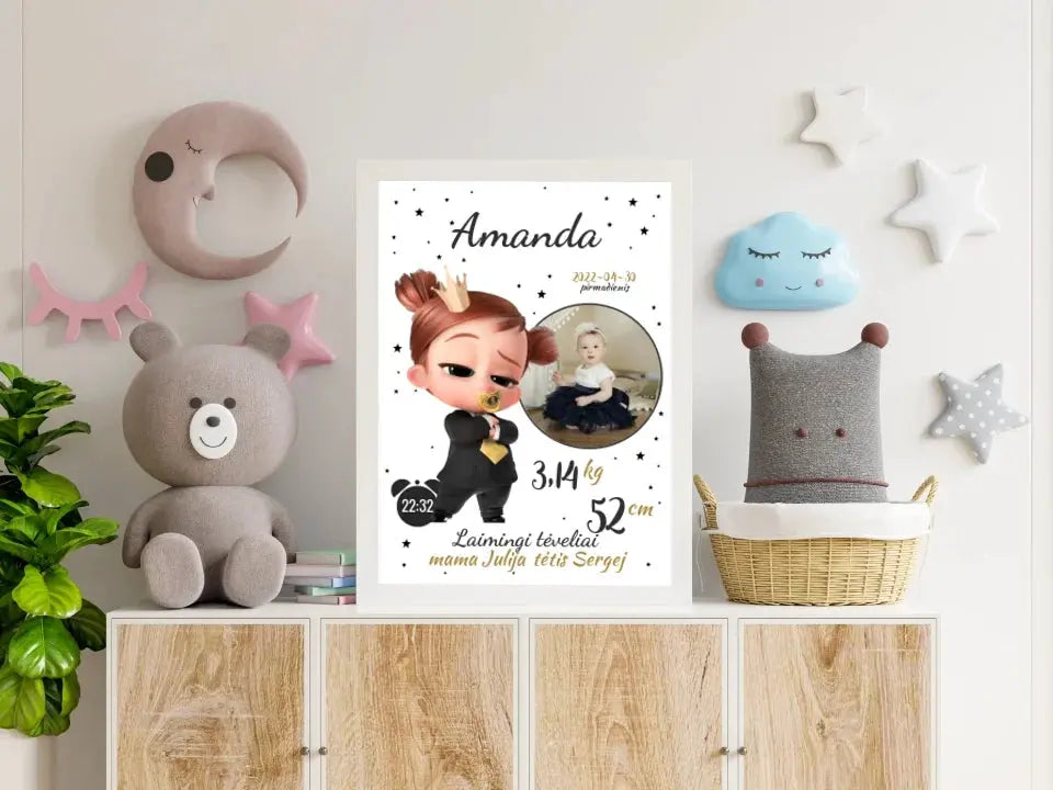 Personalizuota Mergaitės Gimimo Metrikų Iliustracija, plakatas su rėmeliu  Customizer -  dovanokis.lt
