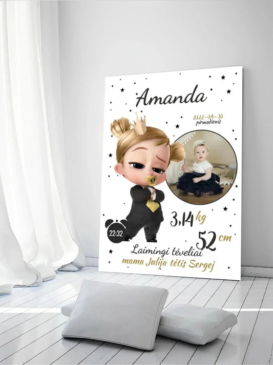 Personalizuota Mergaitės Gimimo Metrikų Iliustracija ant drobės  Drobe -  dovanokis.lt