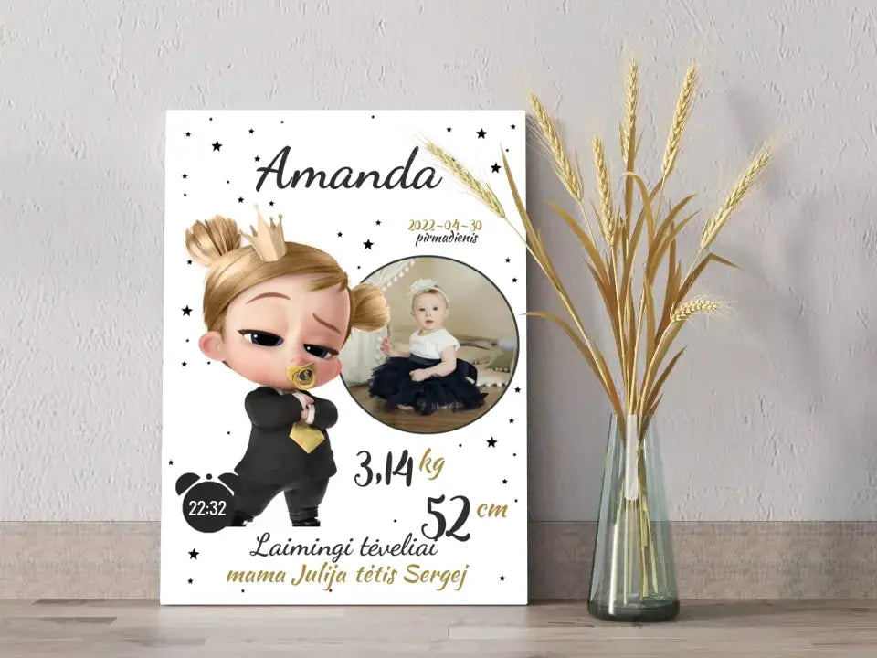 Personalizuota Mergaitės Gimimo Metrikų Iliustracija ant drobės  Drobe -  dovanokis.lt