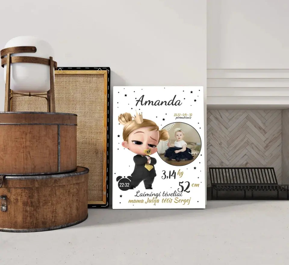 Personalizuota Mergaitės Gimimo Metrikų Iliustracija ant drobės  Drobe -  dovanokis.lt