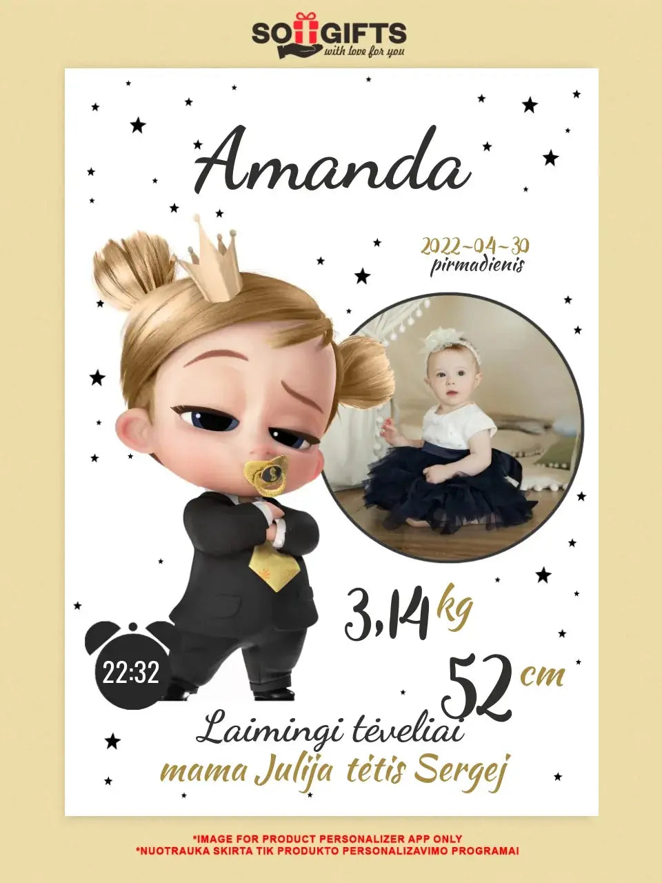 Personalizuota Mergaitės Gimimo Metrikų Iliustracija ant drobės  Drobe -  dovanokis.lt