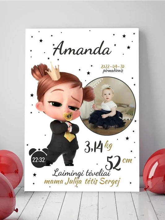 Personalizuota Mergaitės Gimimo Metrikų Iliustracija ant drobės  Drobe -  dovanokis.lt