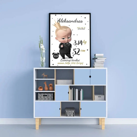 Personalizuota Berniuko Gimimo Metrikų Iliustracija, plakatas su rėmeliu  Customizer -  dovanokis.lt