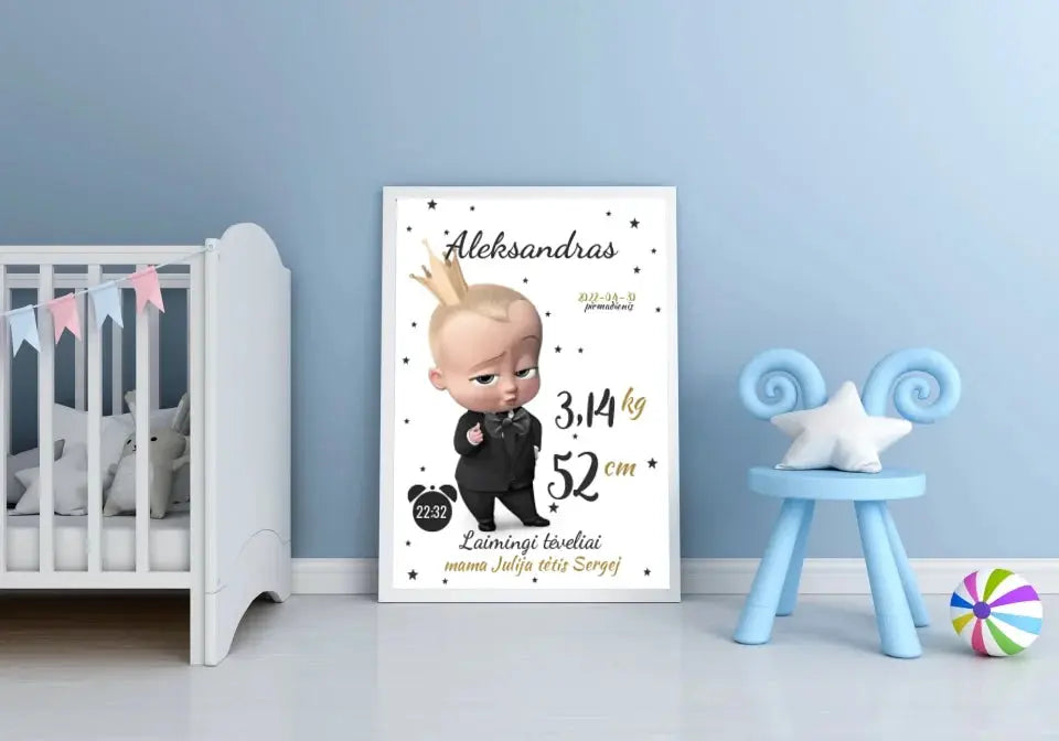 Personalizuota Berniuko Gimimo Metrikų Iliustracija, plakatas su rėmeliu  Customizer -  dovanokis.lt