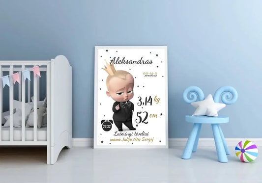 Personalizuota Berniuko Gimimo Metrikų Iliustracija, plakatas su rėmeliu  Customizer -  dovanokis.lt