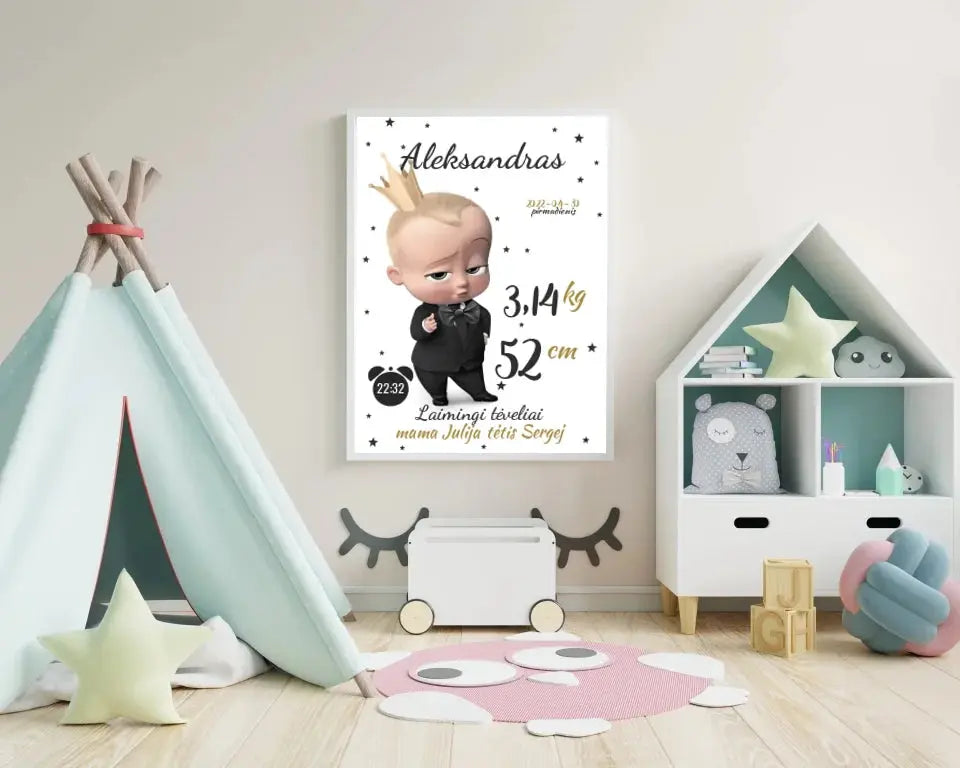 Personalizuota Berniuko Gimimo Metrikų Iliustracija, plakatas su rėmeliu  Customizer -  dovanokis.lt