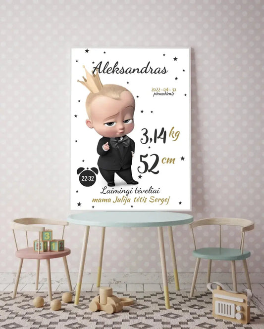 Personalizuota Berniuko Gimimo Metrikų Iliustracija, plakatas su rėmeliu  Customizer -  dovanokis.lt