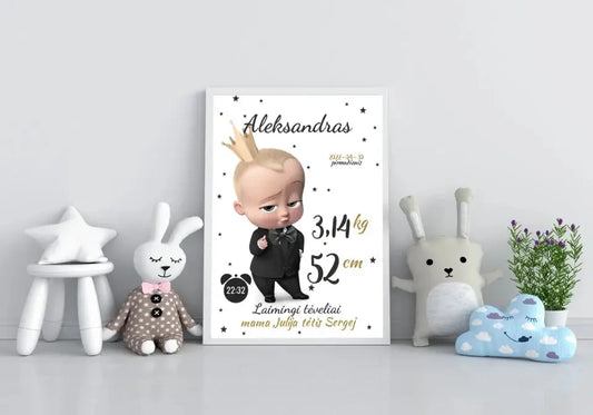 Personalizuota Berniuko Gimimo Metrikų Iliustracija, plakatas su rėmeliu  Customizer -  dovanokis.lt