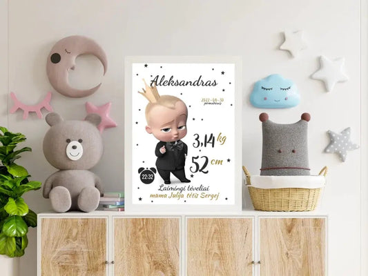 Personalizuota Berniuko Gimimo Metrikų Iliustracija, plakatas su rėmeliu  Customizer -  dovanokis.lt