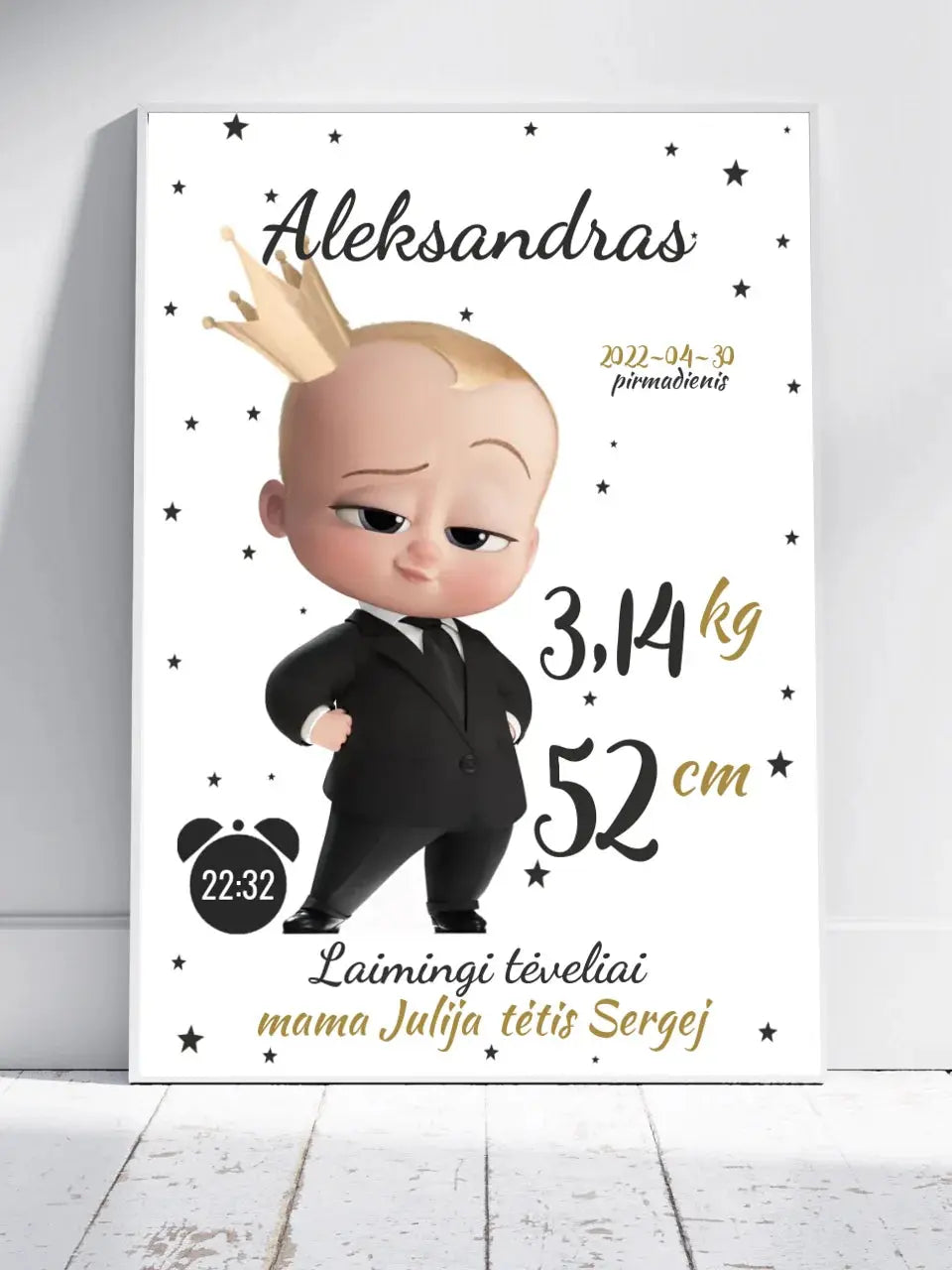 Personalizuota Berniuko Gimimo Metrikų Iliustracija, plakatas su rėmeliu  Customizer -  dovanokis.lt