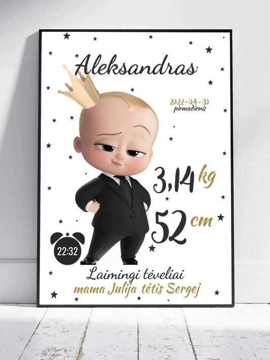 Personalizuota Berniuko Gimimo Metrikų Iliustracija, plakatas su rėmeliu  Customizer -  dovanokis.lt