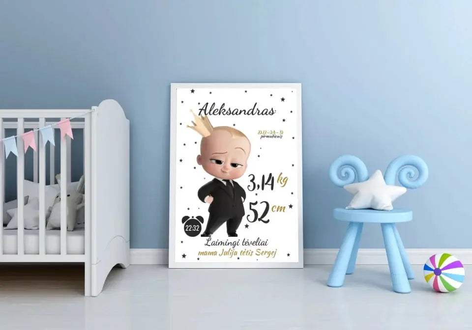 Personalizuota Berniuko Gimimo Metrikų Iliustracija, plakatas su rėmeliu  Customizer -  dovanokis.lt