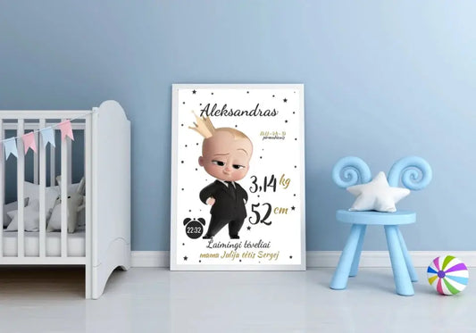 Personalizuota Berniuko Gimimo Metrikų Iliustracija, plakatas su rėmeliu  Customizer -  dovanokis.lt