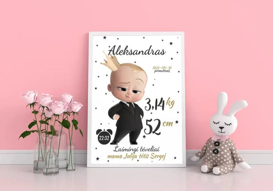 Personalizuota Berniuko Gimimo Metrikų Iliustracija, plakatas su rėmeliu  Customizer -  dovanokis.lt