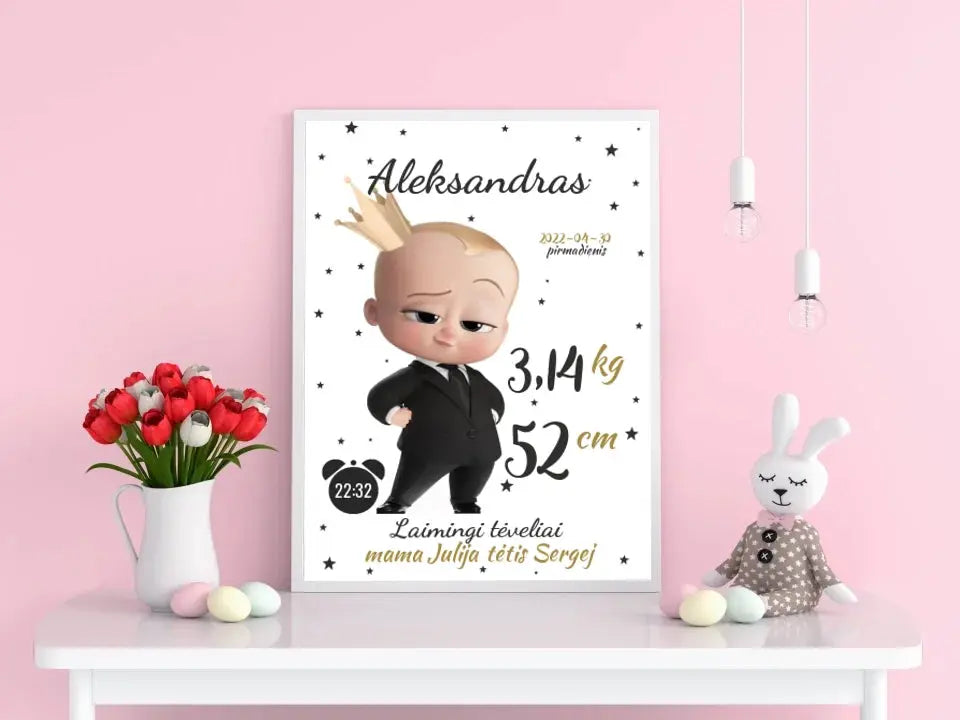 Personalizuota Berniuko Gimimo Metrikų Iliustracija, plakatas su rėmeliu  Customizer -  dovanokis.lt