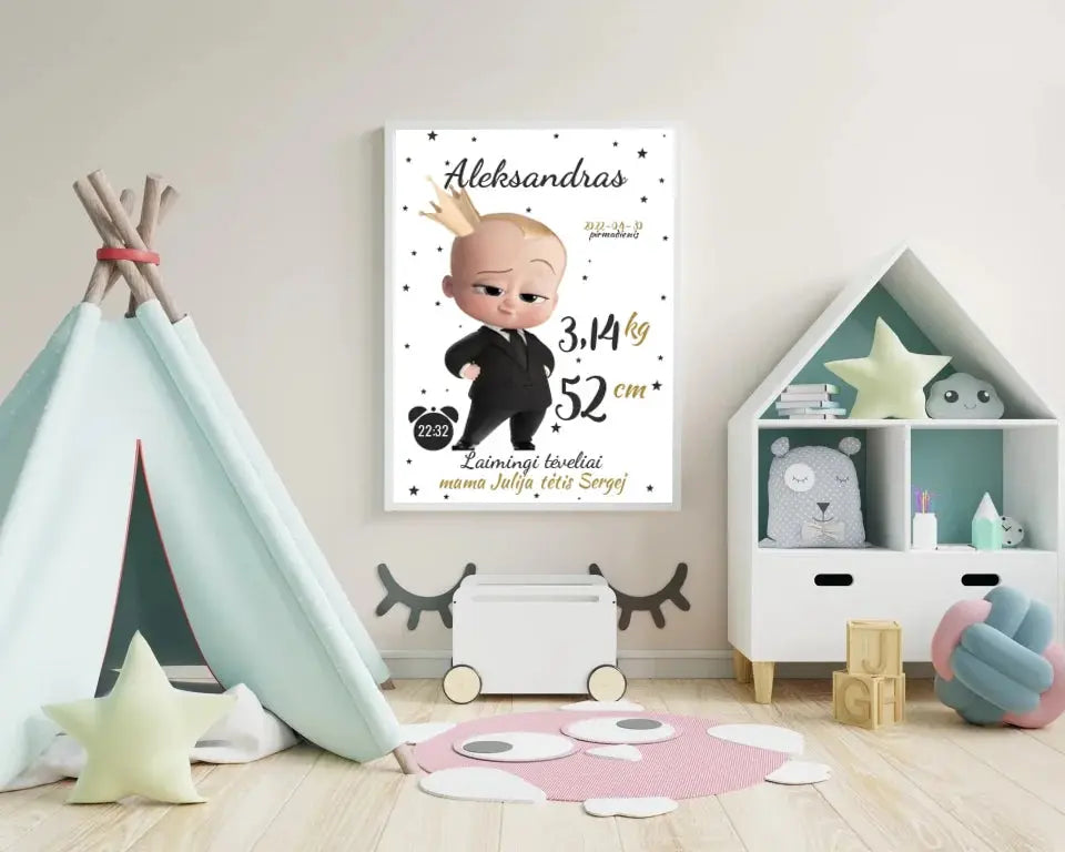 Personalizuota Berniuko Gimimo Metrikų Iliustracija, plakatas su rėmeliu  Customizer -  dovanokis.lt