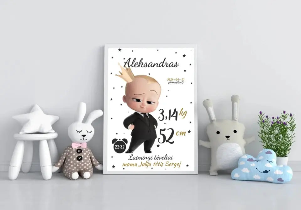 Personalizuota Berniuko Gimimo Metrikų Iliustracija, plakatas su rėmeliu  Customizer -  dovanokis.lt