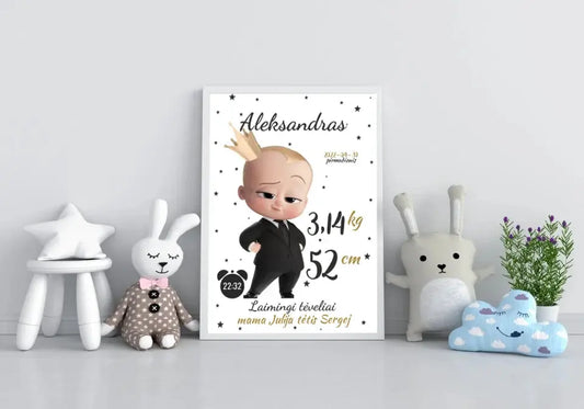 Personalizuota Berniuko Gimimo Metrikų Iliustracija, plakatas su rėmeliu  Customizer -  dovanokis.lt