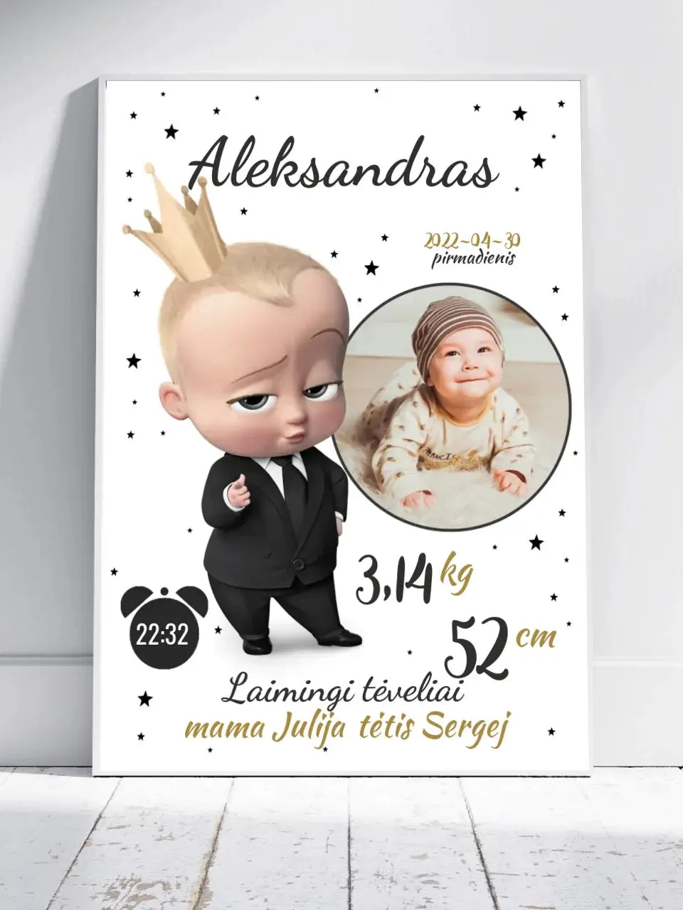 Personalizuota Berniuko Gimimo Metrikų Iliustracija, plakatas su rėmeliu  Customizer -  dovanokis.lt