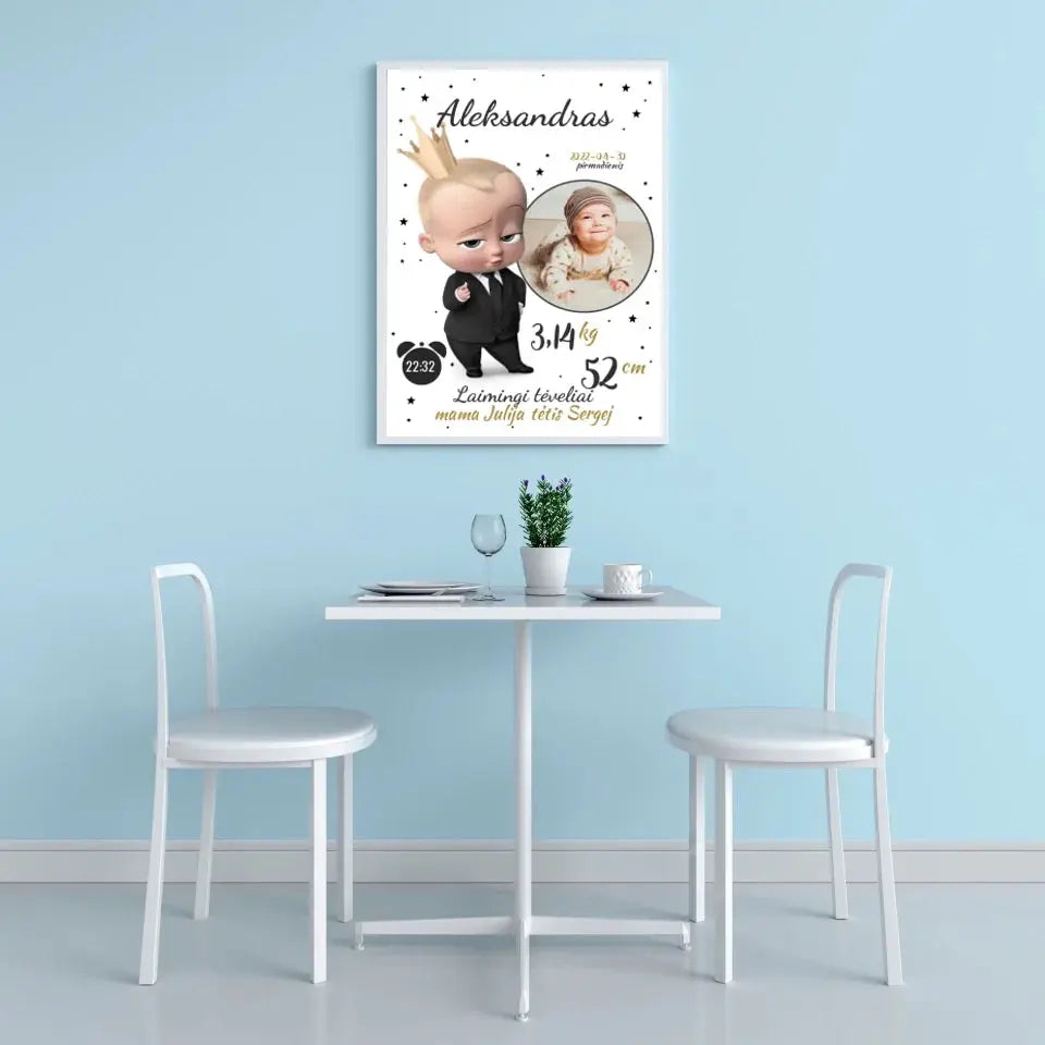 Personalizuota Berniuko Gimimo Metrikų Iliustracija, plakatas su rėmeliu  Customizer -  dovanokis.lt