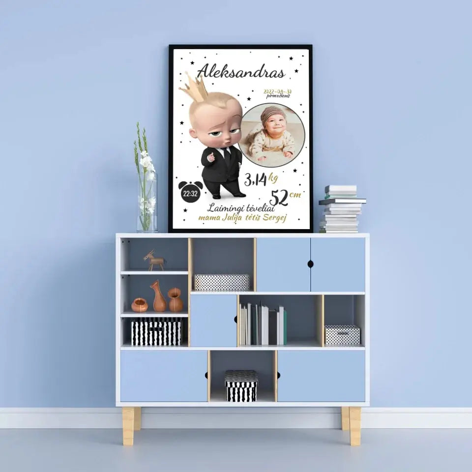 Personalizuota Berniuko Gimimo Metrikų Iliustracija, plakatas su rėmeliu  Customizer -  dovanokis.lt