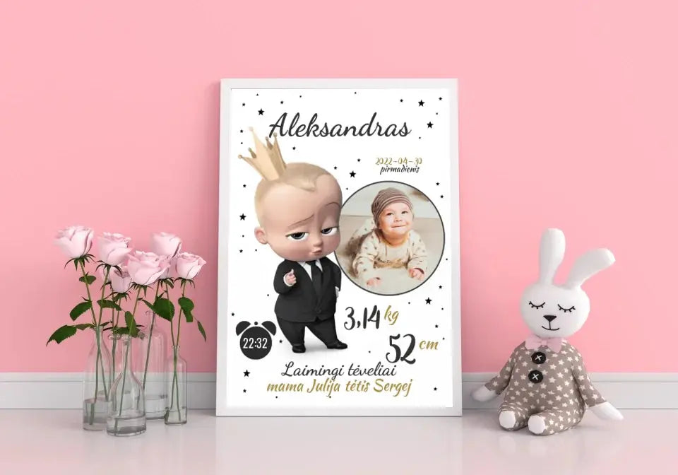 Personalizuota Berniuko Gimimo Metrikų Iliustracija, plakatas su rėmeliu  Customizer -  dovanokis.lt