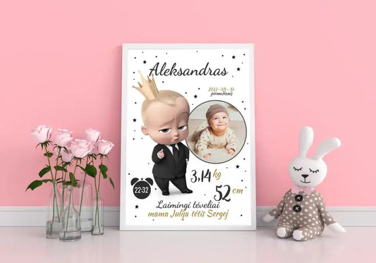 Personalizuota Berniuko Gimimo Metrikų Iliustracija, plakatas su rėmeliu  Customizer -  dovanokis.lt
