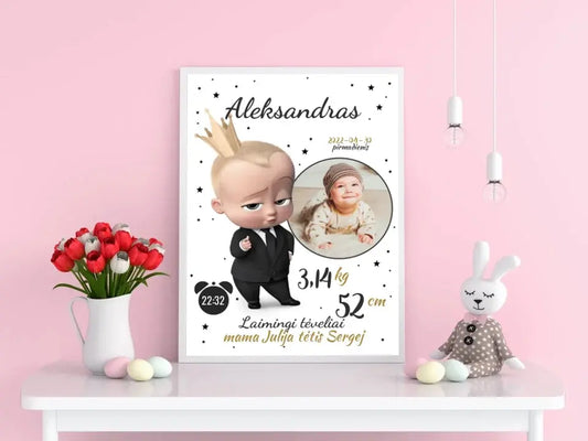 Personalizuota Berniuko Gimimo Metrikų Iliustracija, plakatas su rėmeliu  Customizer -  dovanokis.lt