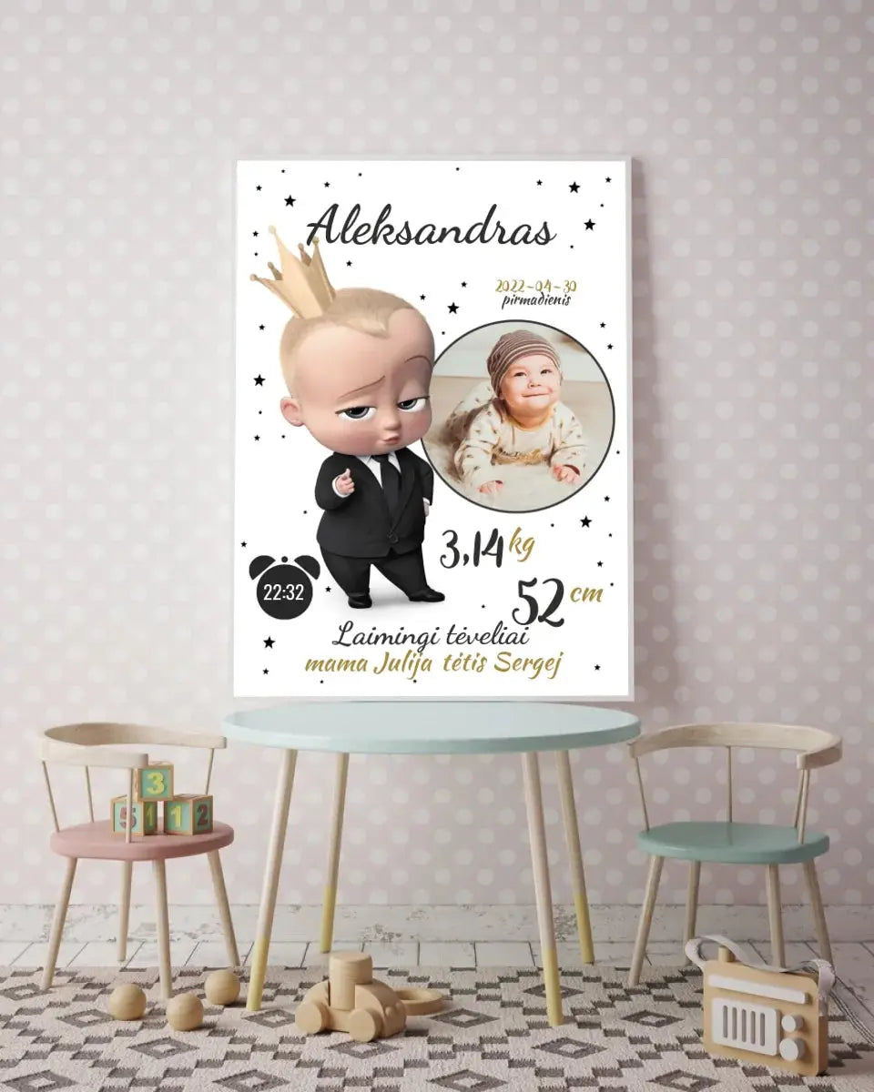 Personalizuota Berniuko Gimimo Metrikų Iliustracija, plakatas su rėmeliu  Customizer -  dovanokis.lt