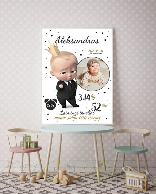 Personalizuota Berniuko Gimimo Metrikų Iliustracija, plakatas su rėmeliu  Customizer -  dovanokis.lt