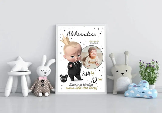 Personalizuota Berniuko Gimimo Metrikų Iliustracija, plakatas su rėmeliu  Customizer -  dovanokis.lt
