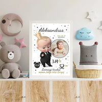 Personalizuota Berniuko Gimimo Metrikų Iliustracija, plakatas su rėmeliu  Customizer -  dovanokis.lt