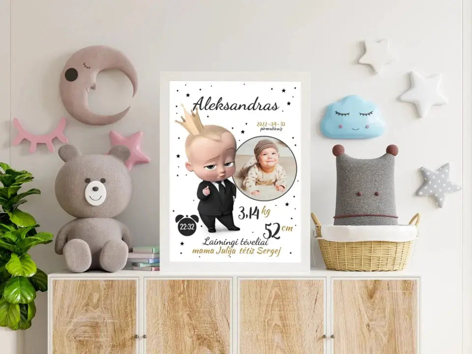 Personalizuota Berniuko Gimimo Metrikų Iliustracija, plakatas su rėmeliu  Customizer -  dovanokis.lt