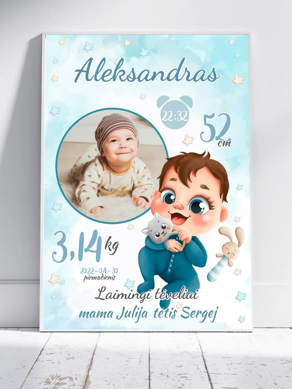 Personalizuota Berniuko Gimimo Metrikų Iliustracija, plakatas su rėmeliu TeeInBlue