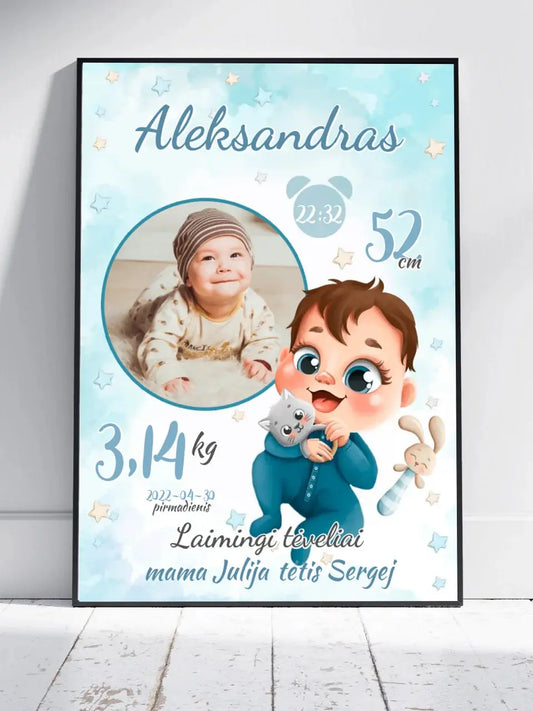Personalizuota Berniuko Gimimo Metrikų Iliustracija, plakatas su rėmeliu  Customizer -  dovanokis.lt
