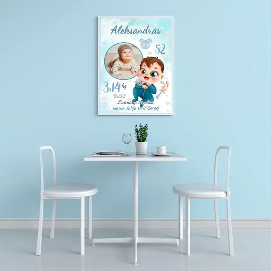 Personalizuota Berniuko Gimimo Metrikų Iliustracija, plakatas su rėmeliu  Customizer -  dovanokis.lt