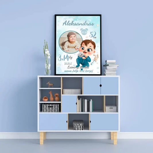 Personalizuota Berniuko Gimimo Metrikų Iliustracija, plakatas su rėmeliu  Customizer -  dovanokis.lt