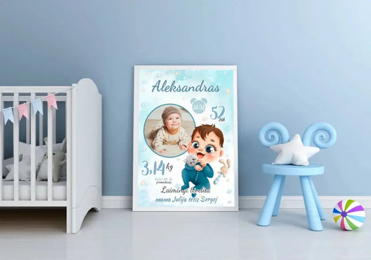 Personalizuota Berniuko Gimimo Metrikų Iliustracija, plakatas su rėmeliu  Customizer -  dovanokis.lt