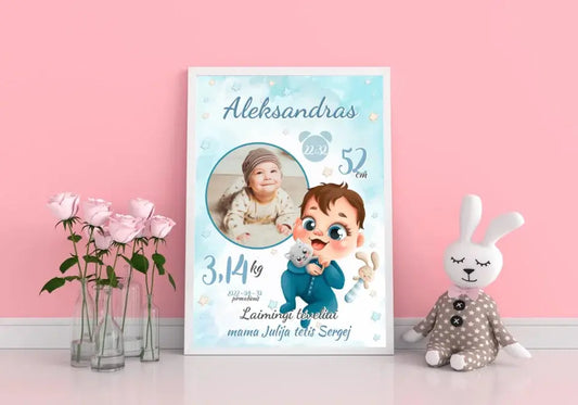 Personalizuota Berniuko Gimimo Metrikų Iliustracija, plakatas su rėmeliu  Customizer -  dovanokis.lt