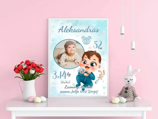 Personalizuota Berniuko Gimimo Metrikų Iliustracija, plakatas su rėmeliu  Customizer -  dovanokis.lt