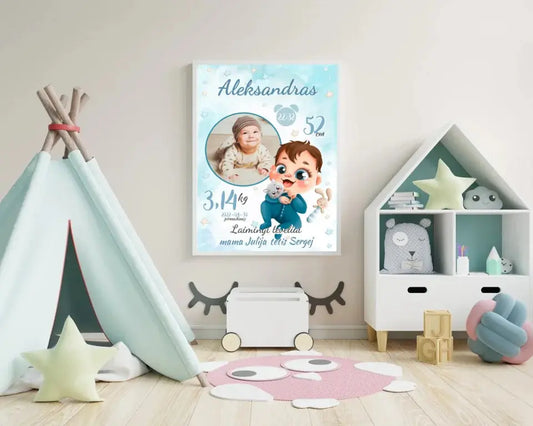 Personalizuota Berniuko Gimimo Metrikų Iliustracija, plakatas su rėmeliu  Customizer -  dovanokis.lt