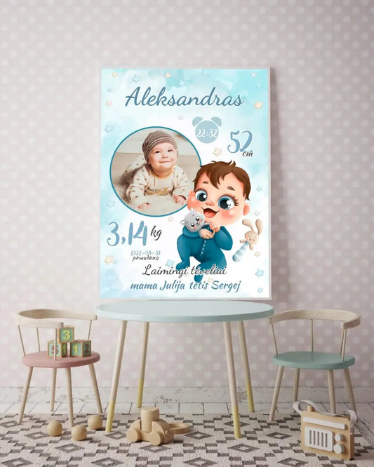 Personalizuota Berniuko Gimimo Metrikų Iliustracija, plakatas su rėmeliu  Customizer -  dovanokis.lt