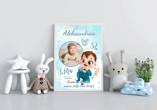 Personalizuota Berniuko Gimimo Metrikų Iliustracija, plakatas su rėmeliu  Customizer -  dovanokis.lt