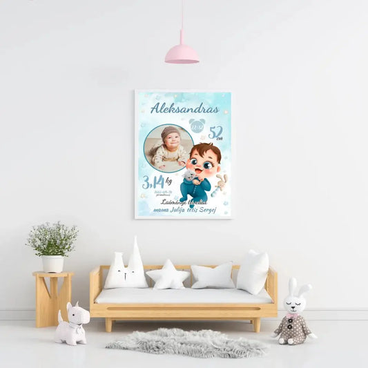Personalizuota Berniuko Gimimo Metrikų Iliustracija, plakatas su rėmeliu  Customizer -  dovanokis.lt