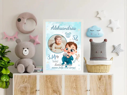 Personalizuota Berniuko Gimimo Metrikų Iliustracija, plakatas su rėmeliu  Customizer -  dovanokis.lt